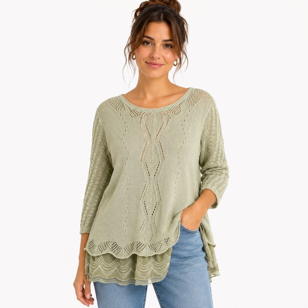 Feratelli Women’s XL Sage Green Open Knit Lace Layered Tunic Sweater 5% Linen